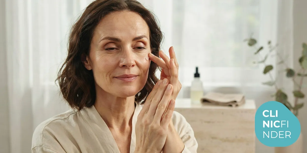 A woman in her fifties smoothing a skincare serum onto her cheek in soft morning daylight, representing a daily at-home anti-ageing routine