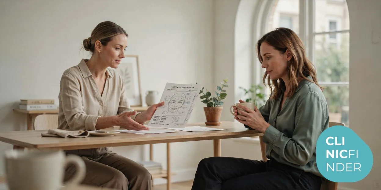 A client and an aesthetic practitioner reviewing a personalised skin assessment together across a clinic desk in soft daylight