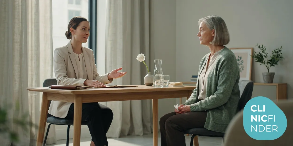 A calm consultation between a female practitioner and a mature client discussing a personalised anti-ageing treatment plan across a desk