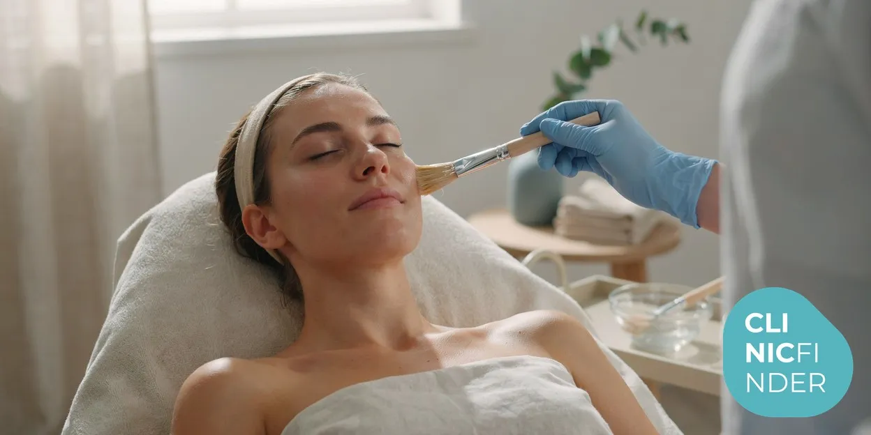 A gloved aesthetic practitioner applying a chemical peel solution to a reclining client’s face with a soft fan brush in calm, soft clinic daylight