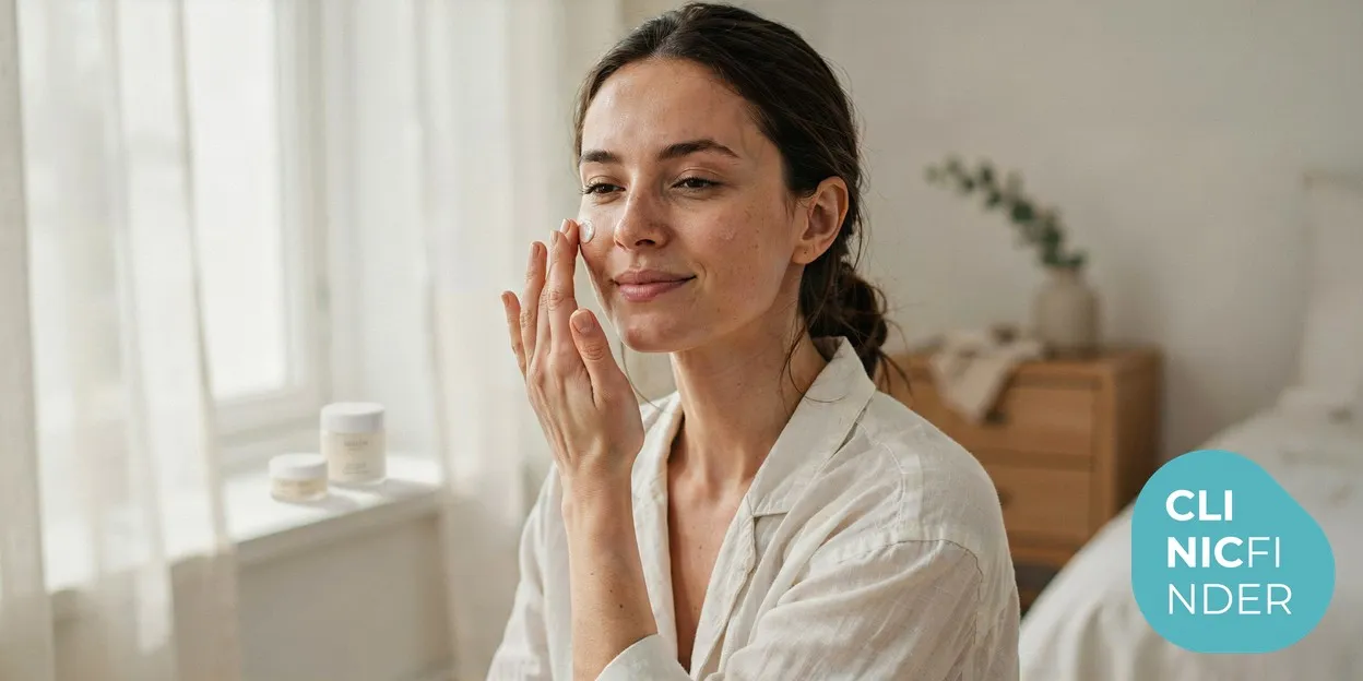 A woman with radiant, freshly refreshed skin applying SPF sunscreen to her face by a bright window in soft natural daylight