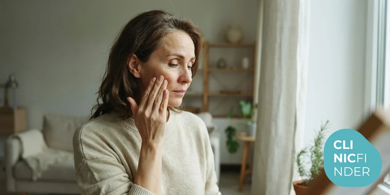 A woman in her late forties in soft daylight gently pressing her fingertips to her cheek and jawline, checking her skin’s firmness