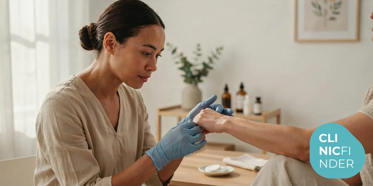 A clinician wearing gloves examining and comparing the skin and hair on a seated client’s forearm in a calm, well-lit consultation room, assessing skin and hair type before treatment
