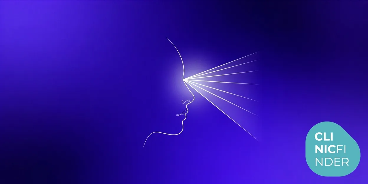 White line-art illustration of an abstract face in profile with clean light rays streaming toward the skin, symbolising LED light therapy