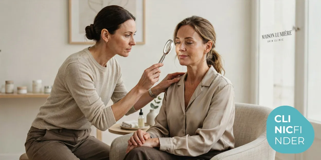 A skin specialist examining a client’s cheek skin closely with a magnifying skin-analysis lamp during a consultation