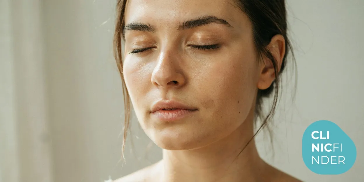 A close-up of a woman’s clear, dewy, even-toned skin in soft natural light, reflecting improved texture from collagen renewal