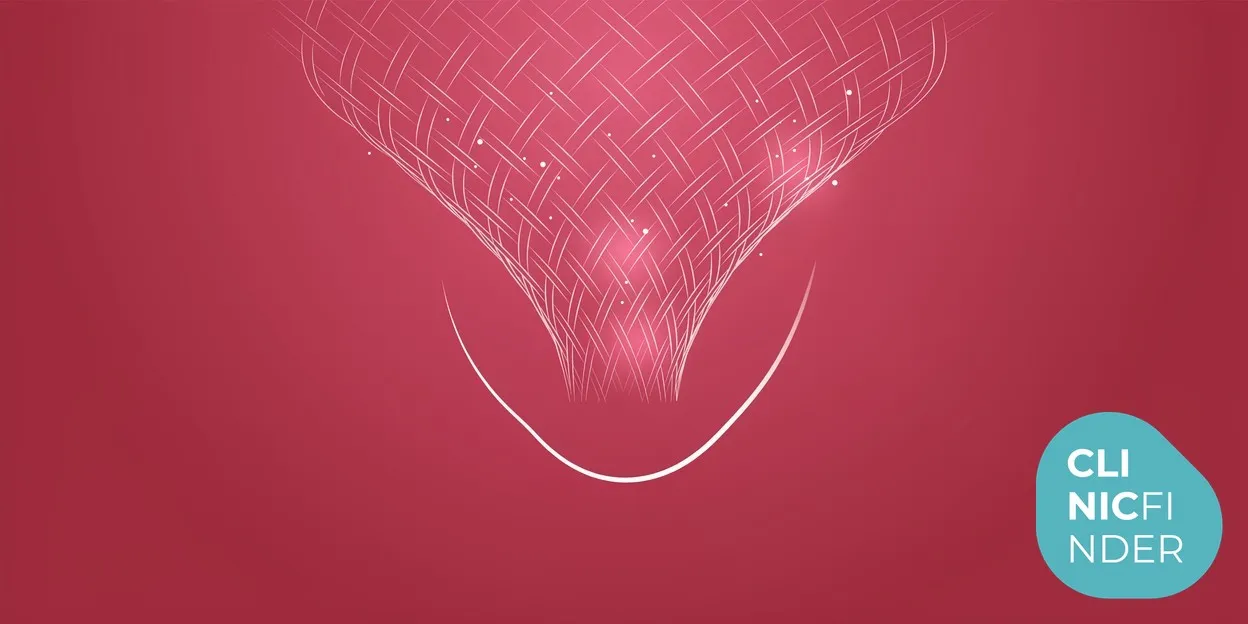 White line-art illustration of an interwoven collagen lattice rising above a smooth abstract facial contour, symbolising collagen induction therapy