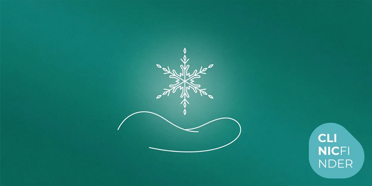 White line-art illustration of a single frost crystal above a smooth abstract body contour, symbolising cold-based fat reduction