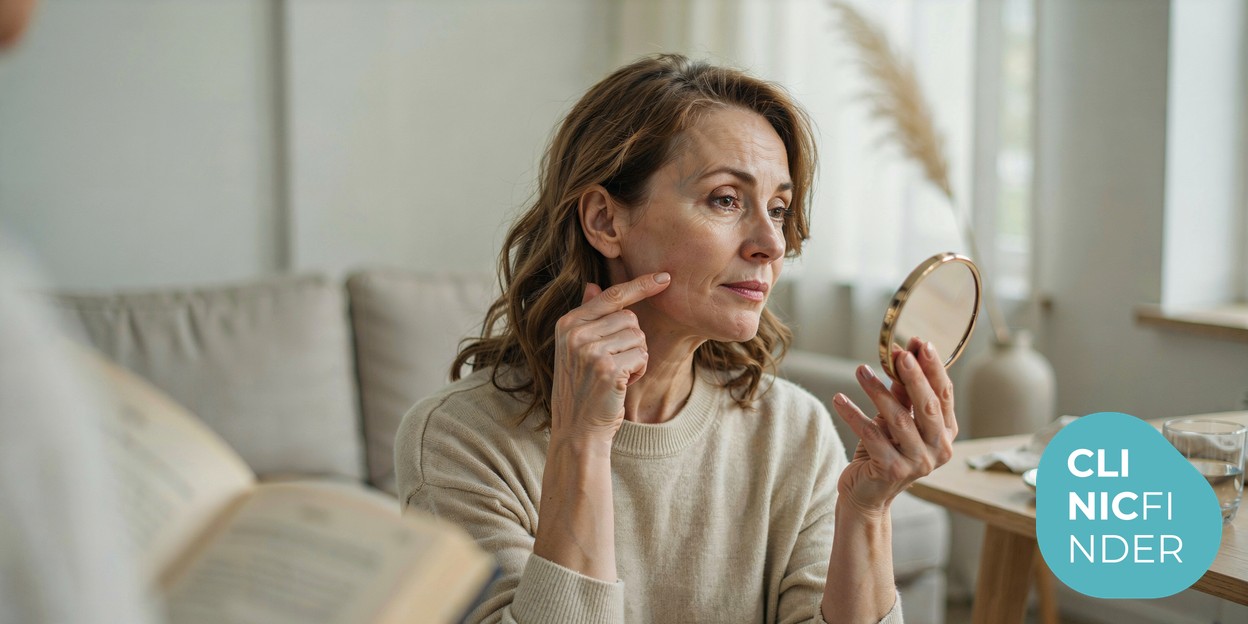 A woman in her fifties gently lifting the skin along her jawline with her fingertips while looking into a hand mirror in soft daylight, assessing early facial laxity