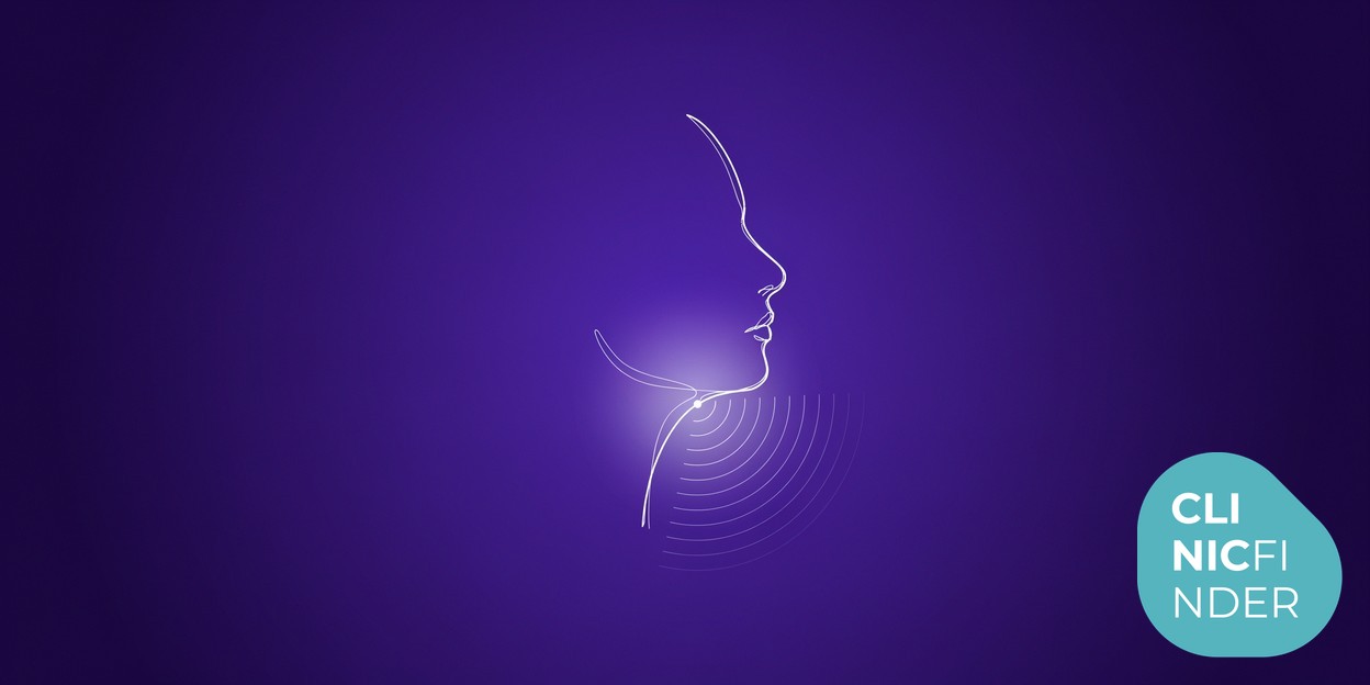 White line-art illustration of a face in profile with focused ultrasound waves converging beneath the jawline, symbolising a non-surgical HIFU lift